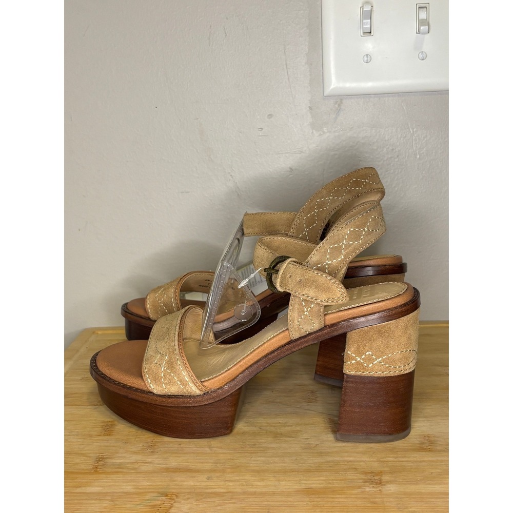 Frye Woodstock Platform Block Heel Sandals Almond Suede Stitch FR40887 Sample